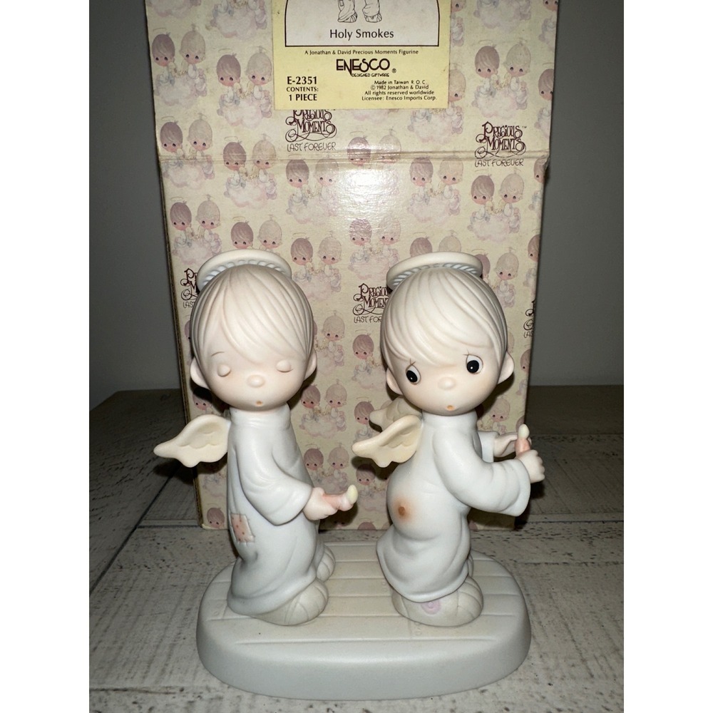 Precious Moments Holy Smokes Figurine E-2351 Enesco 1982 Angels with Box
